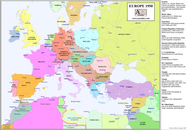 Description, Europe map in 1950, the countries are shown without their 