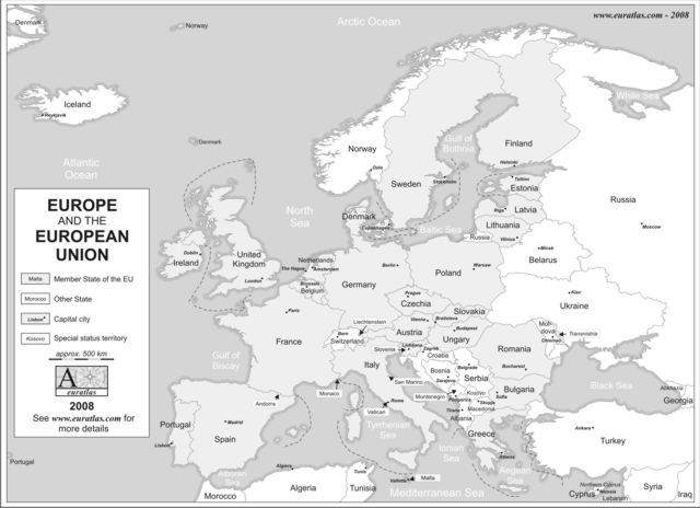 Description, Printable labeled map of Europe with the borders of all the 