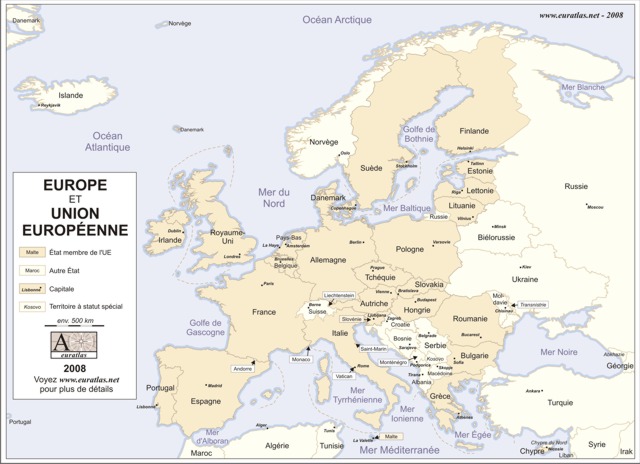 Description, Printable labeled map of Europe with the borders of all the 