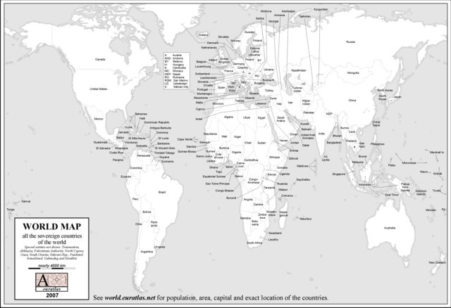 World with some countries labeled. This map shows